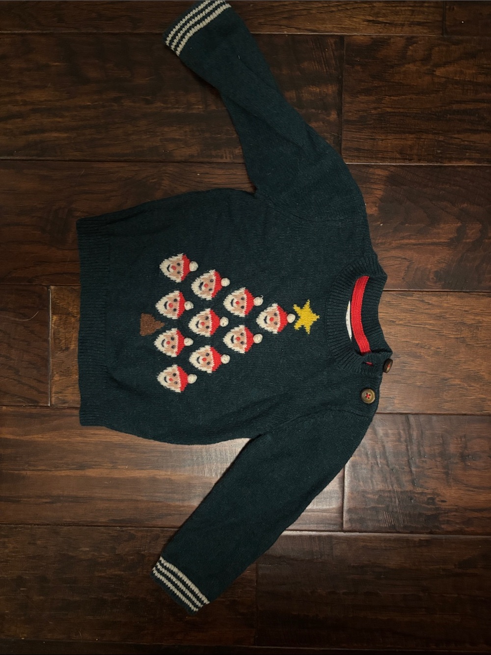 Baby Boden Dark Teal Knit Sweater with Yellow Star and Red Trim